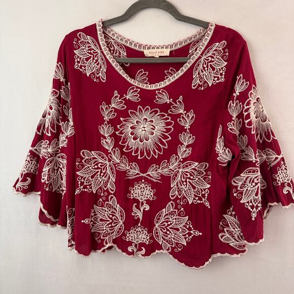 Solitaire Embroidered Blouse Boho Wine White Embroidered Scallop Hem XL - Picture 1 of 5